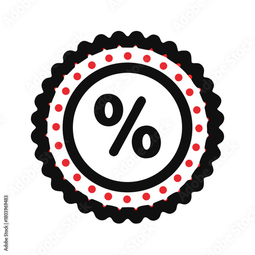 Black percentage icon badge with red dots and circular border
