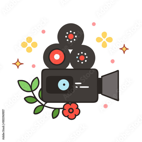 Retro movie camera with floral accents
