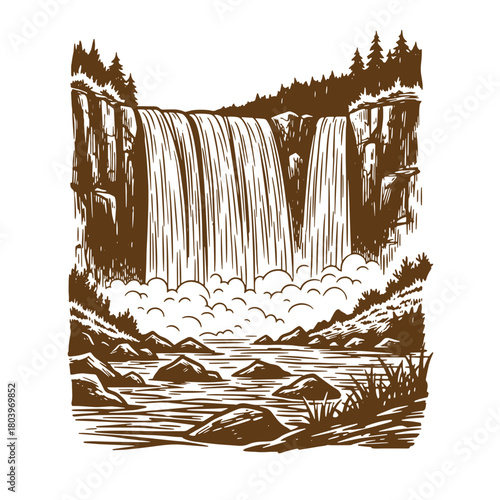 Beautiful hand drawn sketch illustration of a majestic waterfall and rocky landscape scene