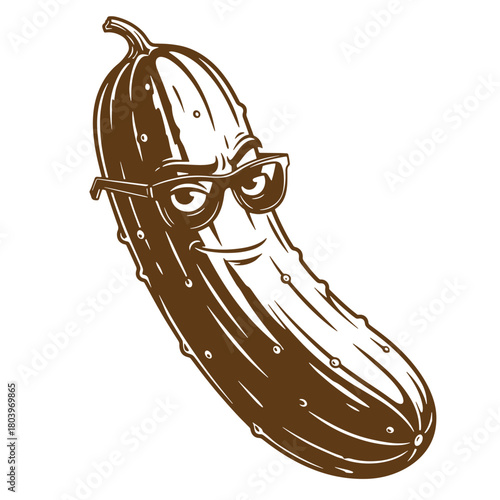 Cool cucumber character wearing hipster glasses sketch vintage art illustration isolated on white