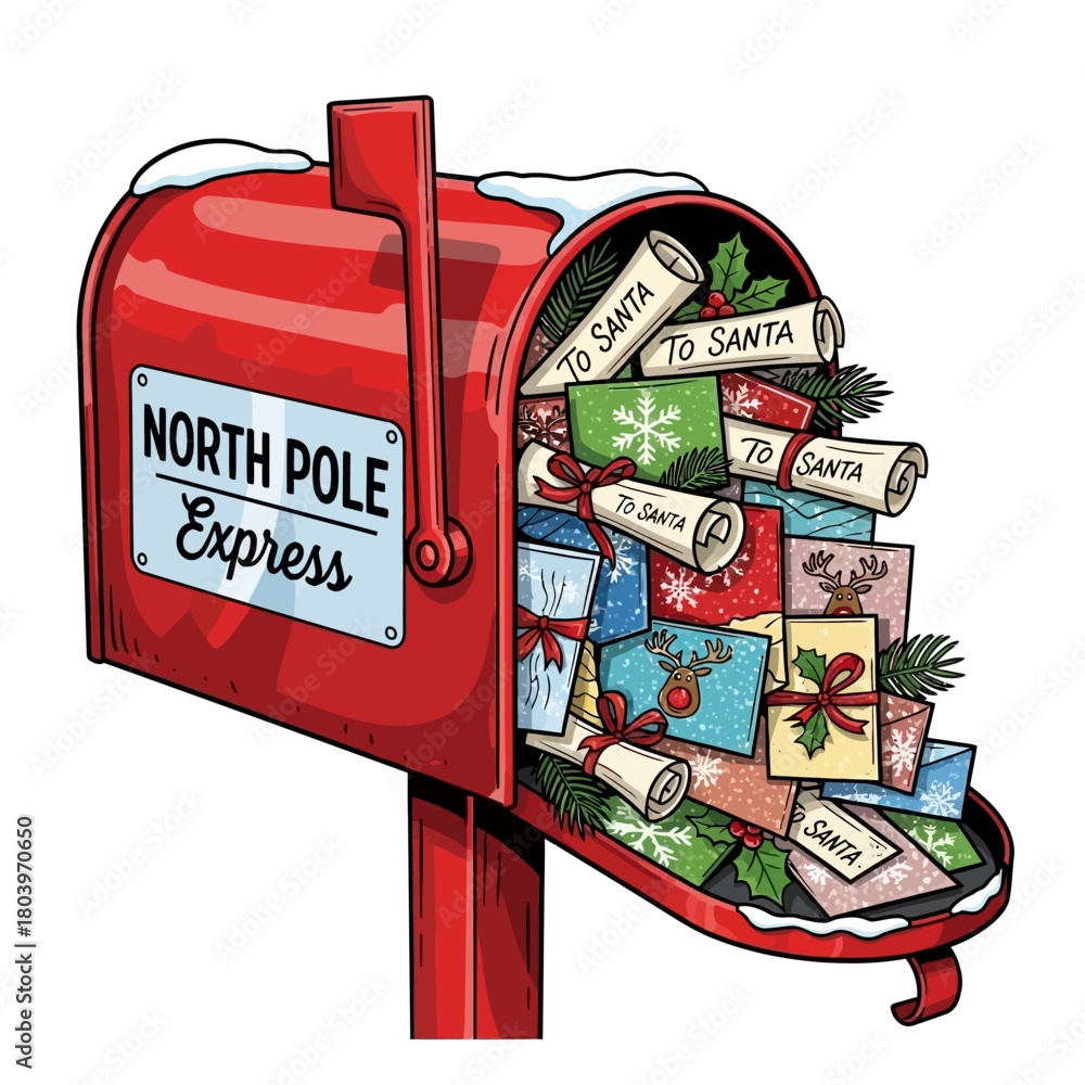Fototapeta premium Christmas Eve Mailbox Overflowing with Letters to Santa from the North Pole Express, Filled with Gifts and Holiday Cheer
