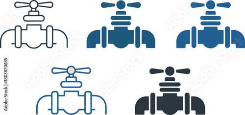 Water valve pipe icon set in multiple styles, plumbing control faucet symbol, industrial pipeline vector illustration for utilities and engineering