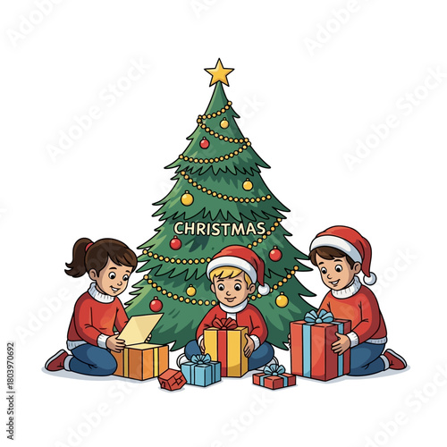 Children Unwrap Gifts on Christmas Morning A Joyful Holiday Scene