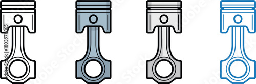 Engine piston icon set, mechanical part illustration, car motor component vector, automotive piston graphic outline and filled styles collection