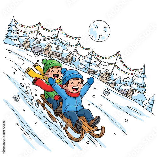 Joyful Sledding Adventure Two Kids Racing Down a Snowy Hillside on Christmas Day