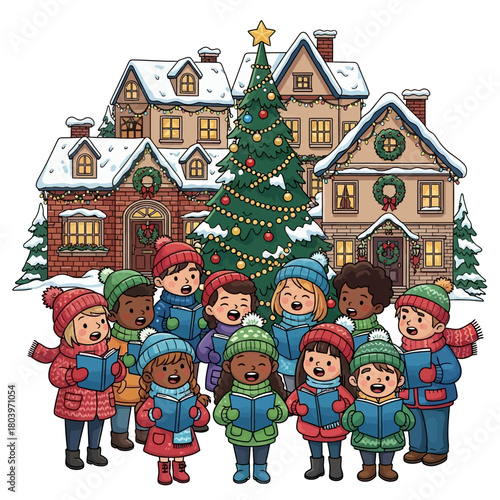 A multicultural children's choir joyfully sings Christmas carols on a snowy evening in a festive village