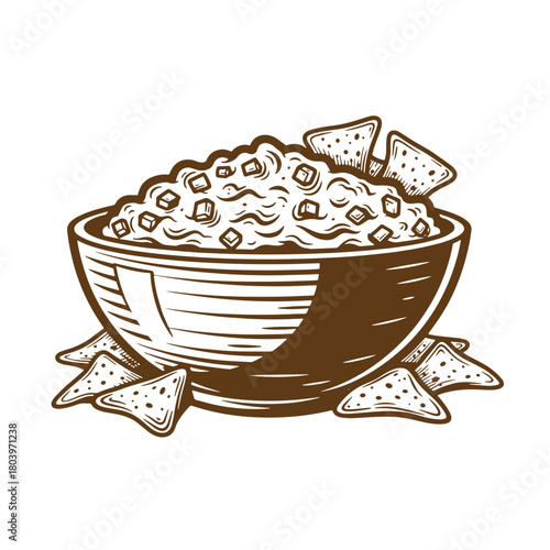 Delicious brown sketch vintage illustration of salsa dip with tortilla chips in a wooden bowl