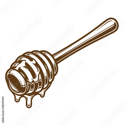 Detailed brown illustration of a honey dipper with dripping honey sketch vintage art