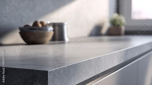 counter. A minimalist gray kitchen counter, showcasing clean lines and modern design under soft ambient lighting. real-estate listings.