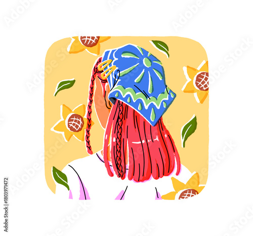 Girl with pink hair decorated with little braids and bandana back view. Woman with stylish haircut. Female head with cute hairstyle behind. Flat isolated vector illustration on white background