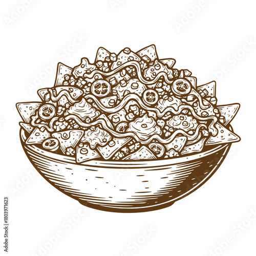Delicious sketch vintage illustration of a bowl filled with nachos and toppings