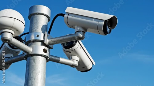 Modern CCTV security cameras mounted on a pole. Public surveillance and monitoring system against a clear blue sky. Safety and technology concept