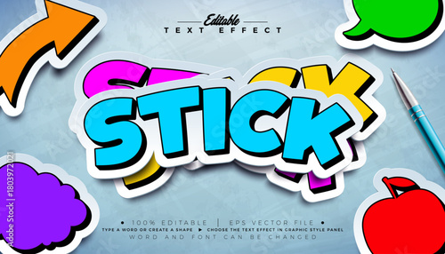 Sticker Text Effect Design Vector Editable Illustrator Graphic Style with Customizable Colorful Doodle Font on Light Background. Premium Typography Lettering Illustration Template for Education, Learn