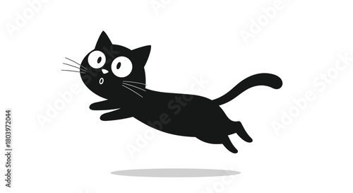Black cat jumping in the air cartoon style white background.