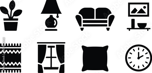 Modern Home Interior Icons Set: Furniture, Decor, Living Room Elements & Household Objects