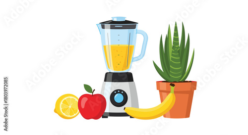 Healthy smoothie ingredients with blender and aloe vera plant.