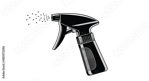 Black spray bottle illustration with water droplets cleaning product.