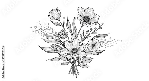Elegant floral bouquet illustration detailed monochrome artwork.