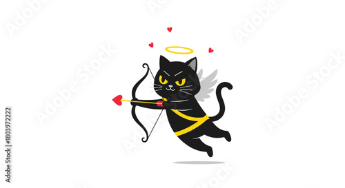Black cat cupid with bow and arrow aiming for love.