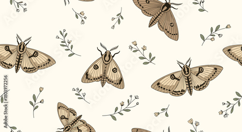 Moths and Foliage Pattern: Elegant Insect Illustration.