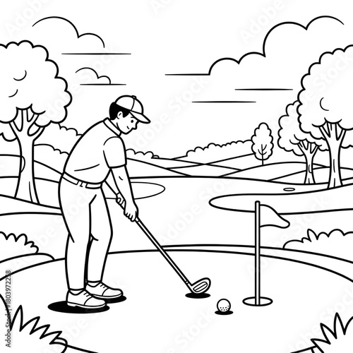 Golfer Playing on Course Line Art Coloring Page
