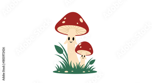 Cute cartoon mushrooms in the green grass happy and smiling.