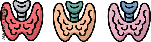 Colorful thyroid gland icons illustrating endocrinology, hormone regulation, medical anatomy symbols, health diagnostics, metabolic system graphics for healthcare education resources