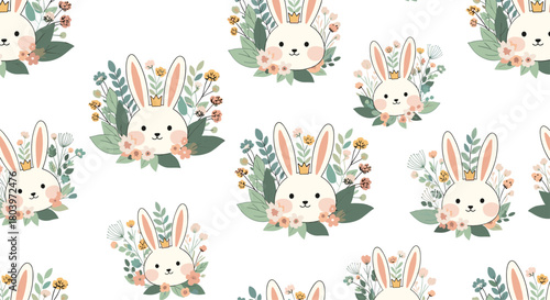 Cute bunny pattern with floral elements on white background.