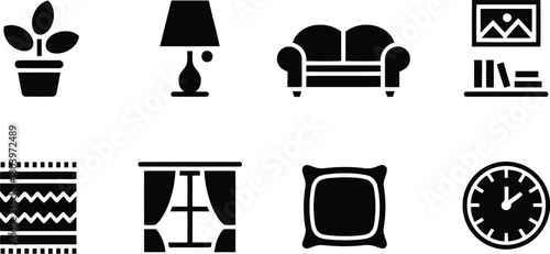 Modern Home Interior Icons Set: Furniture, Decor, Living Room Elements & Household Objects