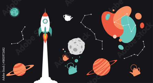 Rocket ship launching into space with planets and stars.