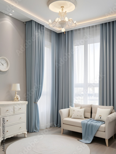 blue curtains in modern living room, living room interior