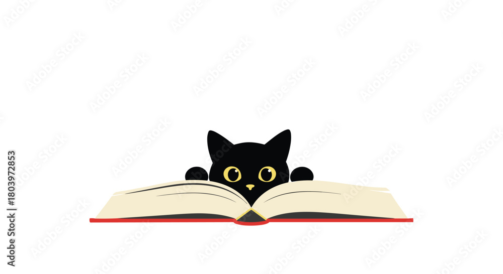 Fototapeta premium Black cat peeking over open book reading and learning.