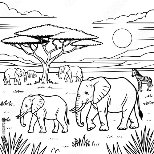 African Safari Elephants and Zebra Landscape Coloring Page
