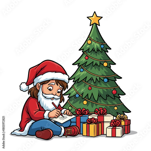 Adorable cartoon illustration of a young Santa Claus character writing his list next to a festive Christmas tree with gifts