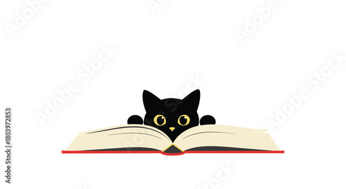 Black cat peeking over open book reading and learning.