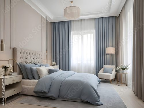 blue curtains in modern living room, bedroom interior	
