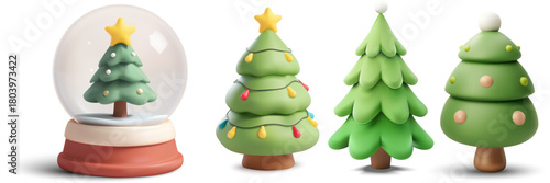 Set of 3D Christmas trees and a snow globe on transparent background