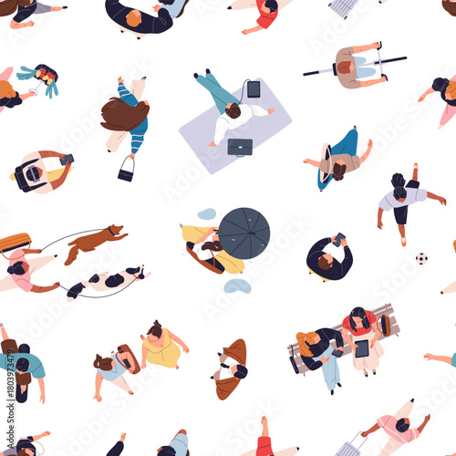 Repeatable pattern of busy people are in a hurry top view. Endless background of citizens' crowd are walking dogs, going with umbrella, rushing to work, running. Flat seamless vector illustration