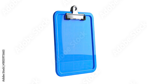 Glossy blue clipboard with silver clip, isolated