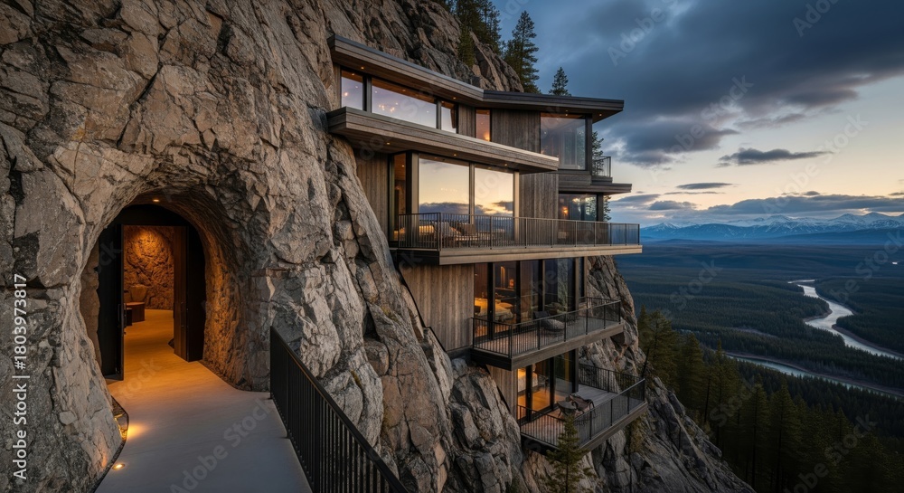 Naklejka premium A stunning modern home built into a cliffside with panoramic views.
