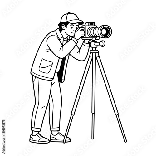 Photographer with Camera on Tripod Line Art Coloring Page