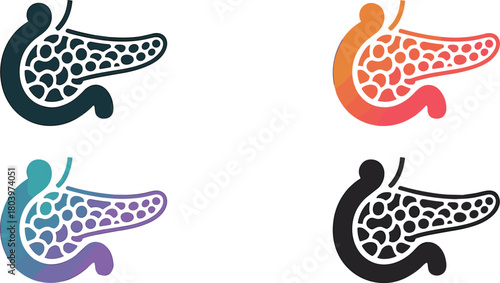 Pancreas vector illustration set, human digestive organ anatomy, medical pancreas icon pack, endocrine and exocrine gland diagram, health biology graphic.