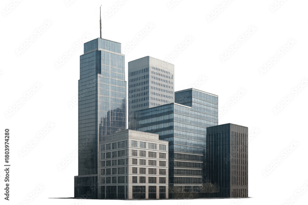 Fototapeta premium Modern city office buildings with glass facades and contrasting stone architecture on a transparent background