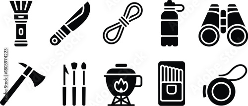 Outdoor Adventure Gear Icons: Camping, Hiking, Survival Essentials Collection