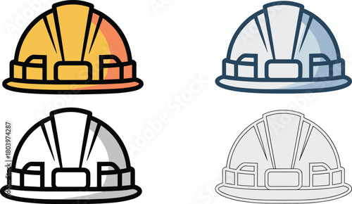 Construction safety helmet icon set for industrial worksite protection, engineering equipment, worker safety gear, risk prevention, and hazard management.