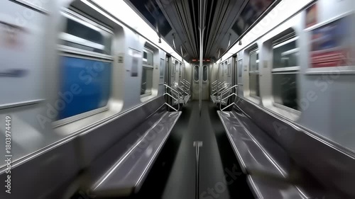 Empty Subway Car Interior in Motion - A Commute Perspective.