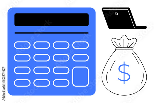 Large calculator, small laptop, and money bag illustrating financial planning, budgeting, accounting, investment, business strategy, online transactions, and cost calculations as a simple flat