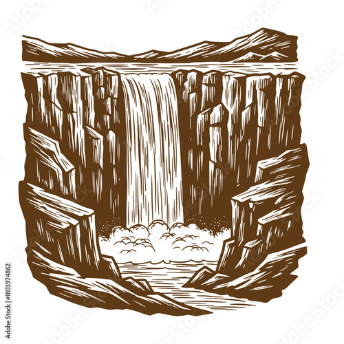 Dramatic sketch vintage illustration of a majestic waterfall cascading into a rocky landscape