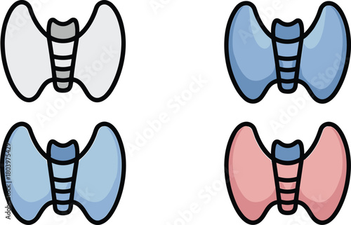Colorful thyroid gland anatomy icons set for medical education, endocrine system infographics, healthcare apps, hormone disorder awareness, and clinical illustrations.
