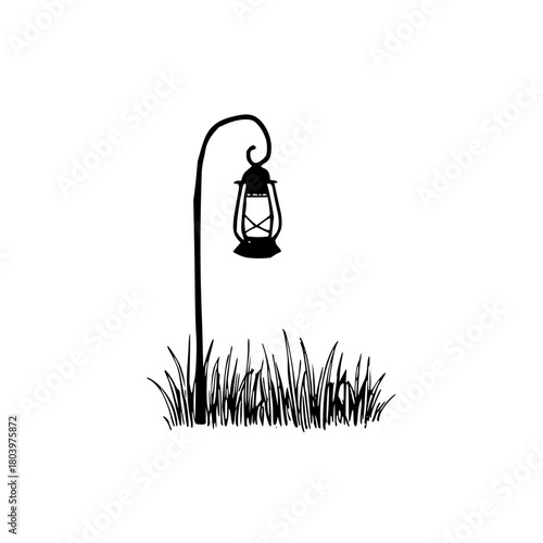 Whimsical silhouette of a vintage lantern illuminating tall grass, evoking a sense of nostalgia and rustic charm, perfect for outdoor themes and designs